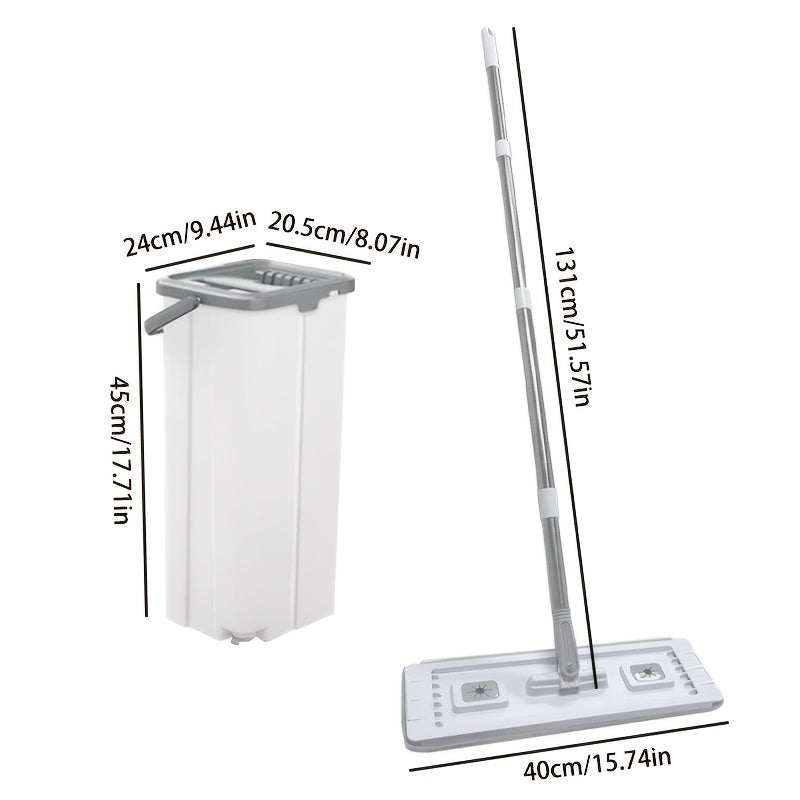 This set includes a mop and bucket with a squeegee, featuring a hands-free flat floor mop and bucket. It comes with 4/2 washable microfiber pads and is suitable for both wet and dry use. The design is tailored for a floor cleaning system that seamlessly