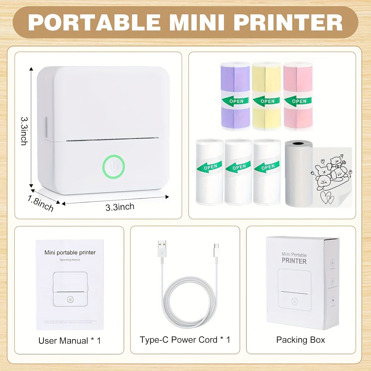 Mini portable thermal wireless pocket printer with a variety of self-adhesive sticker rolls for printing pictures, photos, labels, text, and more.