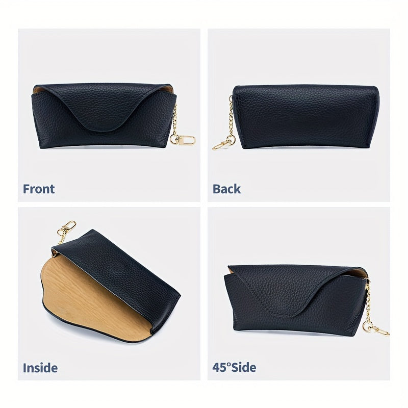 Portable eyeglasses case holder made of genuine leather with a magnetic closure, suitable for storing sunglasses and reading glasses.