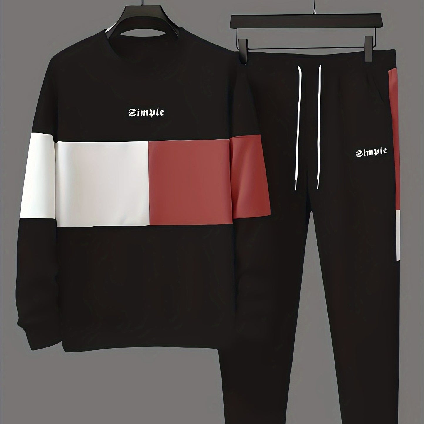 Casual men's outfit includes color block sweatshirt and drawstring pants.