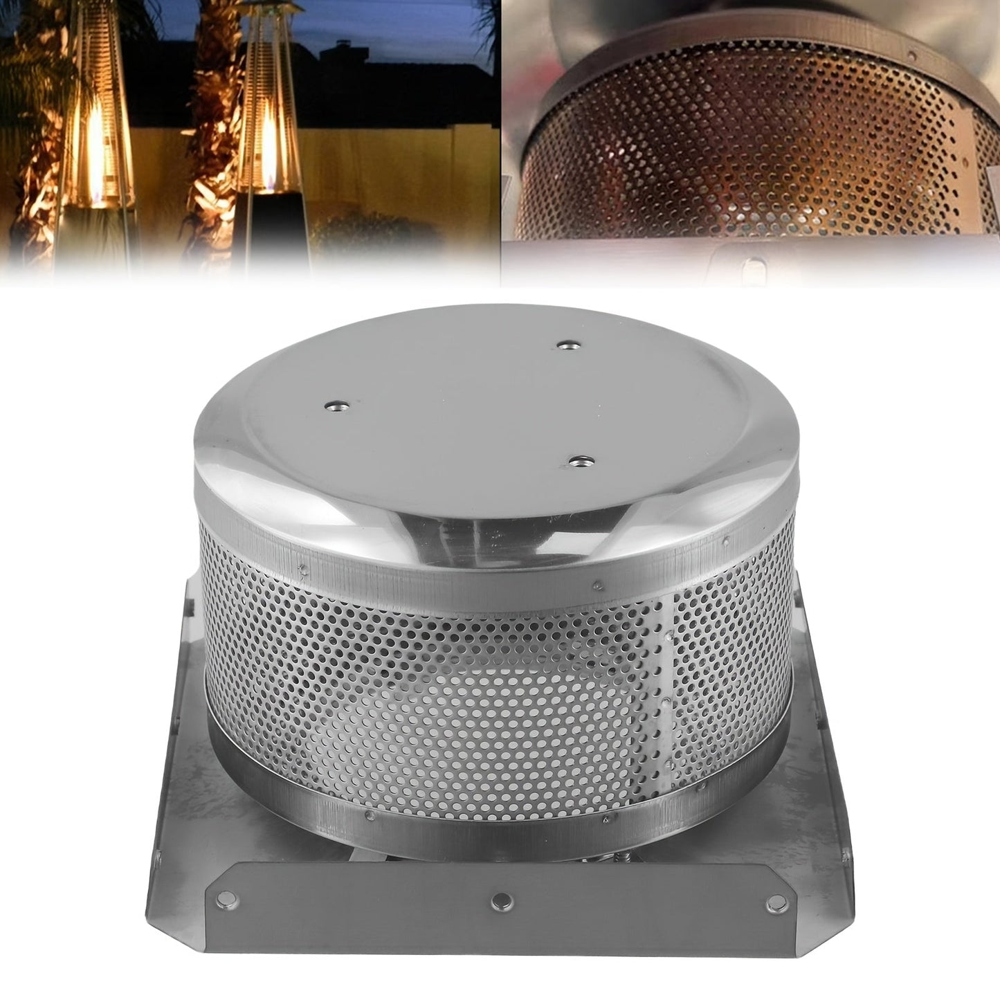 Outdoor Tower Gas Heater made of stainless steel with a combustion net that is resistant to high temperatures - ideal for use on patios, gardens, and backyards.