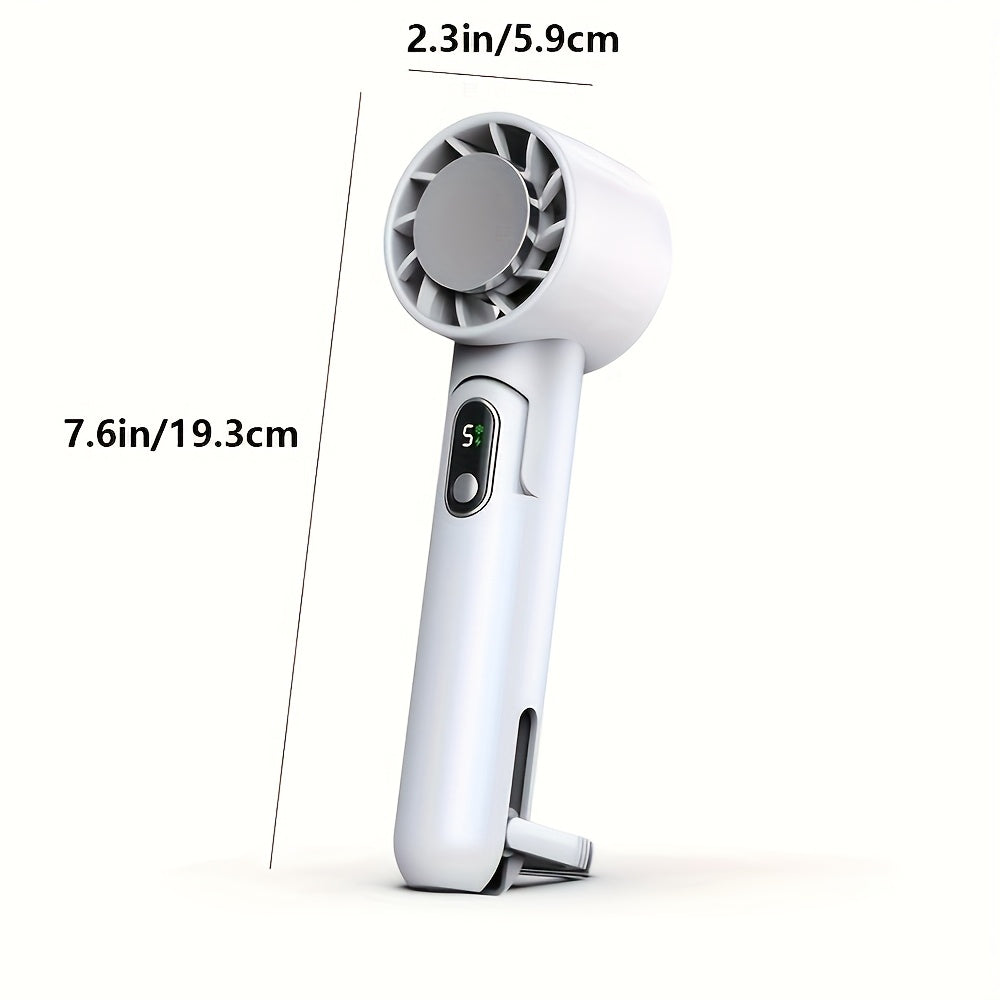 A convenient portable handheld fan featuring an LED display, powerful 4000mAh lithium battery, silent 5-speed operation, foldable 90° design, high-velocity cooling, USB rechargeability, easy button control, perfect for both indoor and outdoor use - a