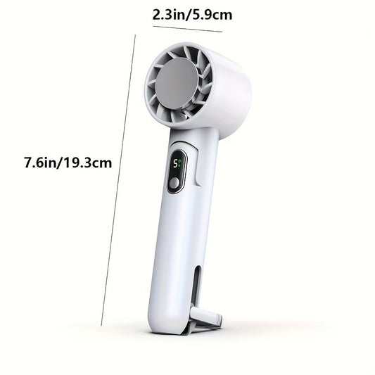 A convenient portable handheld fan featuring an LED display, powerful 4000mAh lithium battery, silent 5-speed operation, foldable 90° design, high-velocity cooling, USB rechargeability, easy button control, perfect for both indoor and outdoor use - a