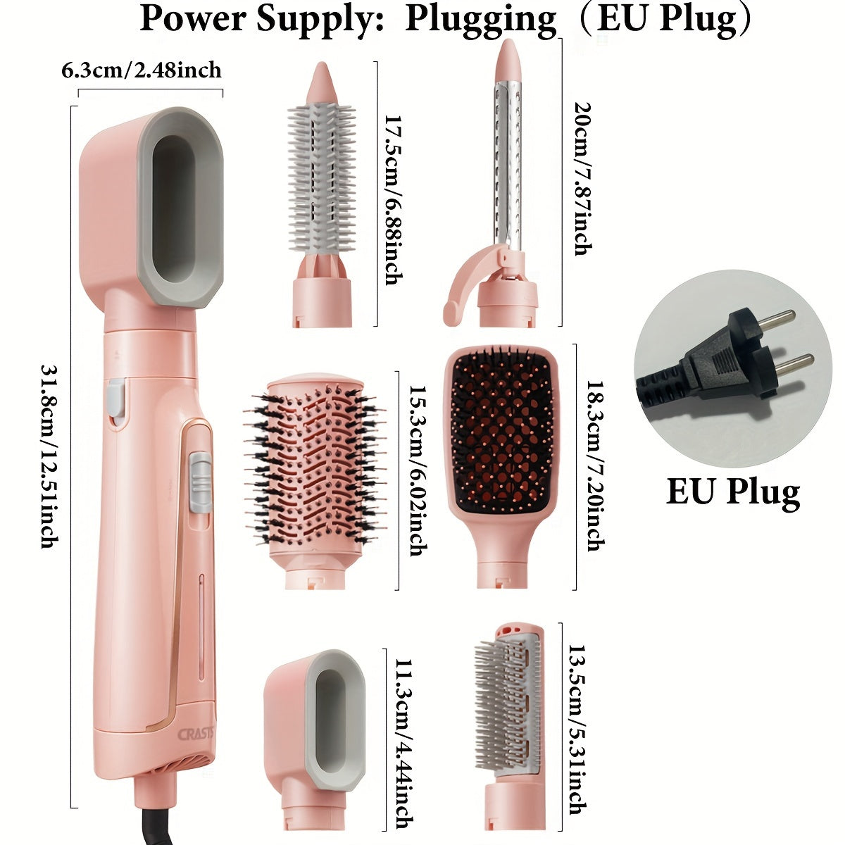 CRASTS 6-в-1 Набор для укладки волос с горячей щеткой мощностью 1200 Вт, выпрямителем, плойкой и универсальным выпрямителем. Безвредный инструмент для волос с длительной фиксацией, европейская вилка, 220 В, нет.