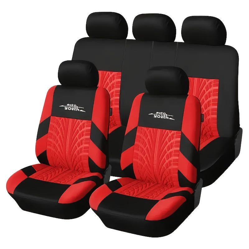 Durable 5-seat car & SUV seat covers made from breathable polyester with tire tread design for easy care.