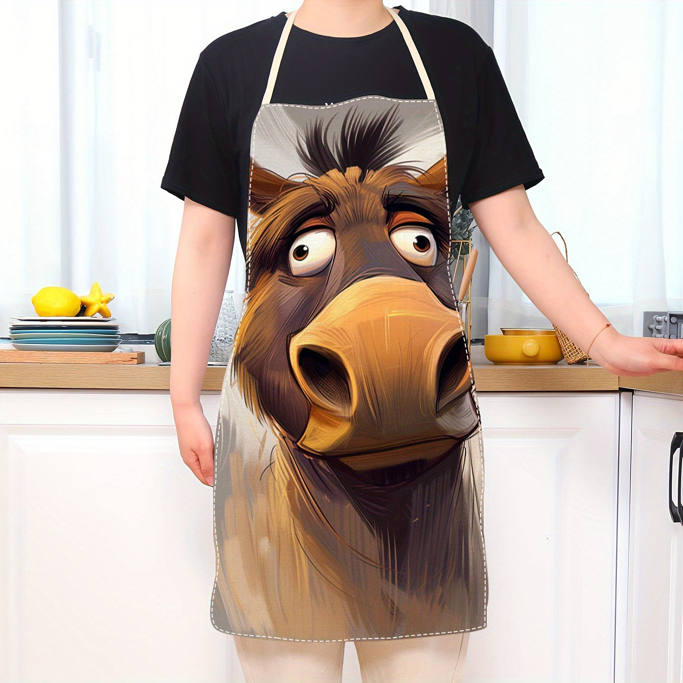 Sleeveless Adult-Sized Linen Apron featuring Whimsical Horse Face Print | Durable & Lightweight Kitchen Wear with Glossy Finish | Perfect Home Cooking Bib | Must-Have Culinary Accessory for Plus Size