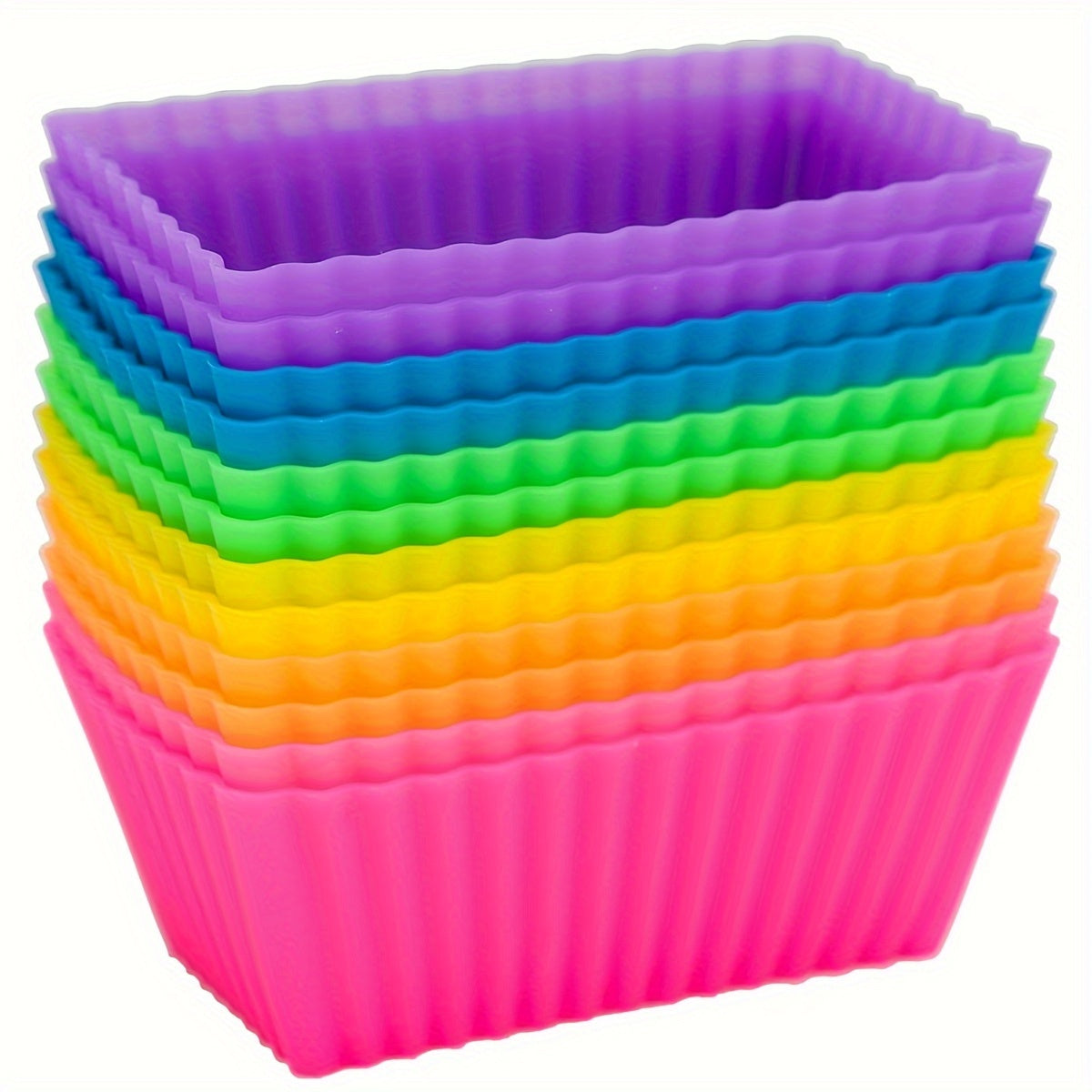 Reusable non-stick silicone baking cups for muffins and cupcakes, sold in packs of 12 or 24.