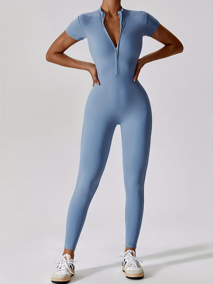 Zip-front short sleeve jumpsuit for women, ideal for yoga, fitness, dance, and athletic training.