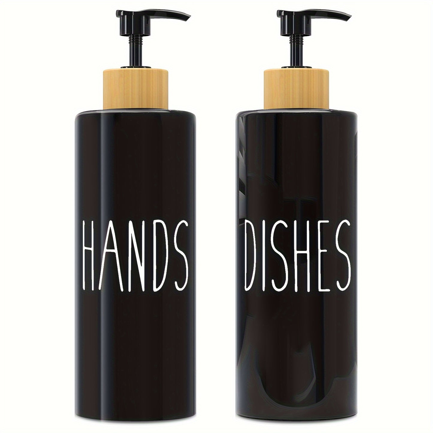 Set of 2 refillable soap dispensers with 16.91oz PET plastic bottles and wooden tray for kitchen use.