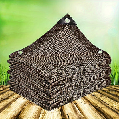 Sunshade fabric with reinforced grommets, ideal for gardens, greenhouses, and patios. Made of 90% coffee brown high-density PE waterproof mesh.