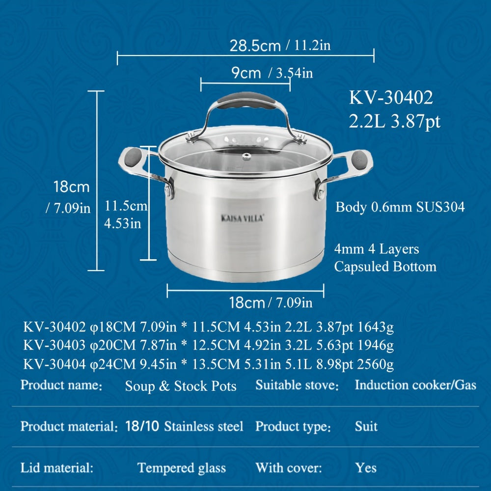 Нержавеющая стальная кастрюля для супа с двумя ручками, утолщенная и антипригарная, идеально подходит для рагу, лапши, десертов и соусов - идеально для домашнего использования, представлена в подарочной коробке - Villa 304.