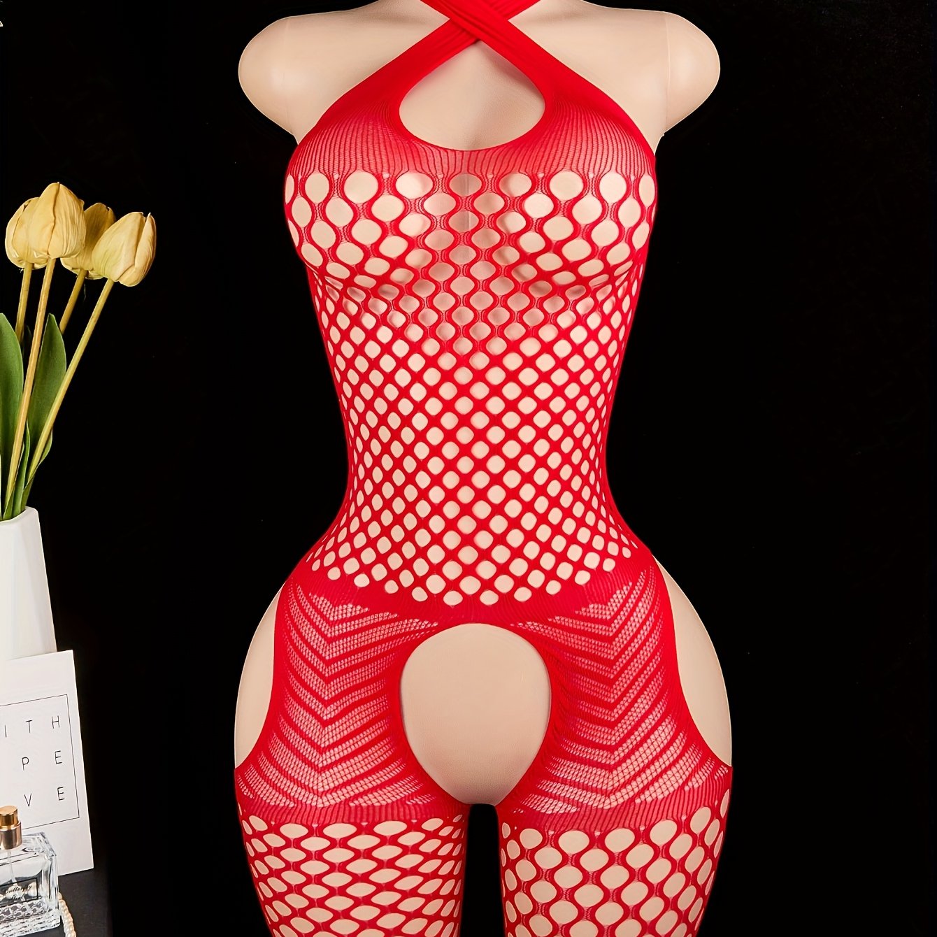 Valentine's Day Red Halter Fishnet Bodysuit with Open Crotch - Sexy Backless Lingerie for Women, Nylon & Elastane Blend, See-through Hollow-Out Design, Neck Strap