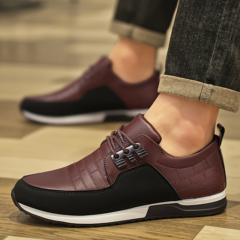 Men's casual business sneakers with a solid color faux upper, fabric lining, EVA insole, and PVC sole. Features a round toe, low-top design, and lace-up closure for daily and leisure wear.