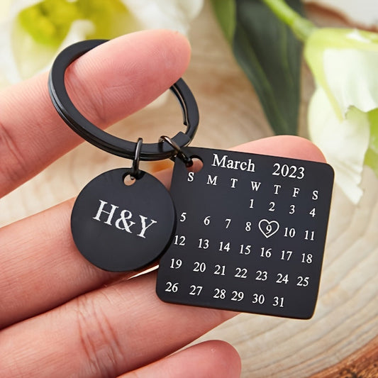 Engraved Custom Calendar Keychain for Couples, Personalized Anniversary Gift for Husband