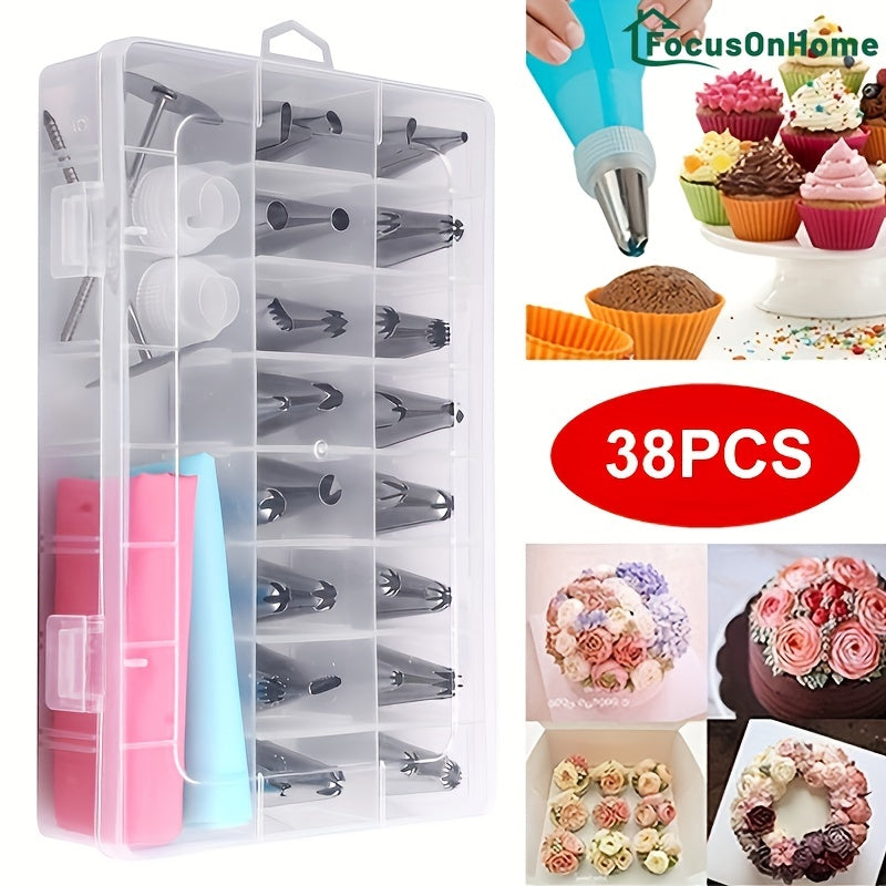 Get the Focusonhome 38-piece Pastry Decorating Nozzles Baking Kit with Korean Style Tools for Cake Baking, including 32 Nozzles, 2 Piping Tips, 2 Piping Bags, and 2 Converters