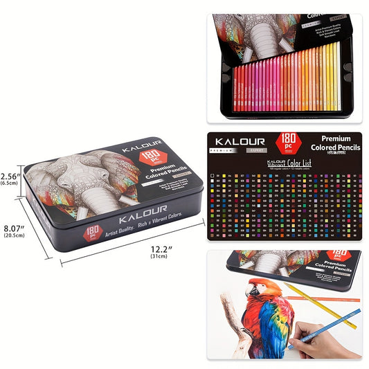 180 colored pencils for adult artists, featuring soft 3.3mm core with rich pigments including 12 metallic pencils. Ideal for coloring, drawing, sketching, shading, and blending. Comes in