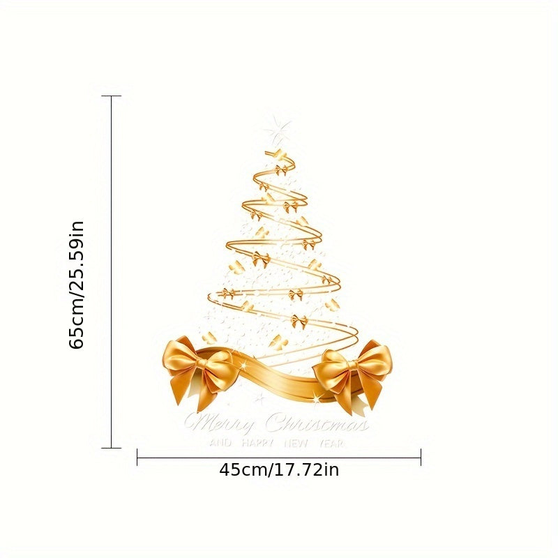 Get ready for the holidays with our festive Golden Christmas Tree static cling sticker! This UV printed sticker with a big bow is the perfect decoration for your bedroom, living room, or window. Made of waterproof PVC, this sticker is removable and