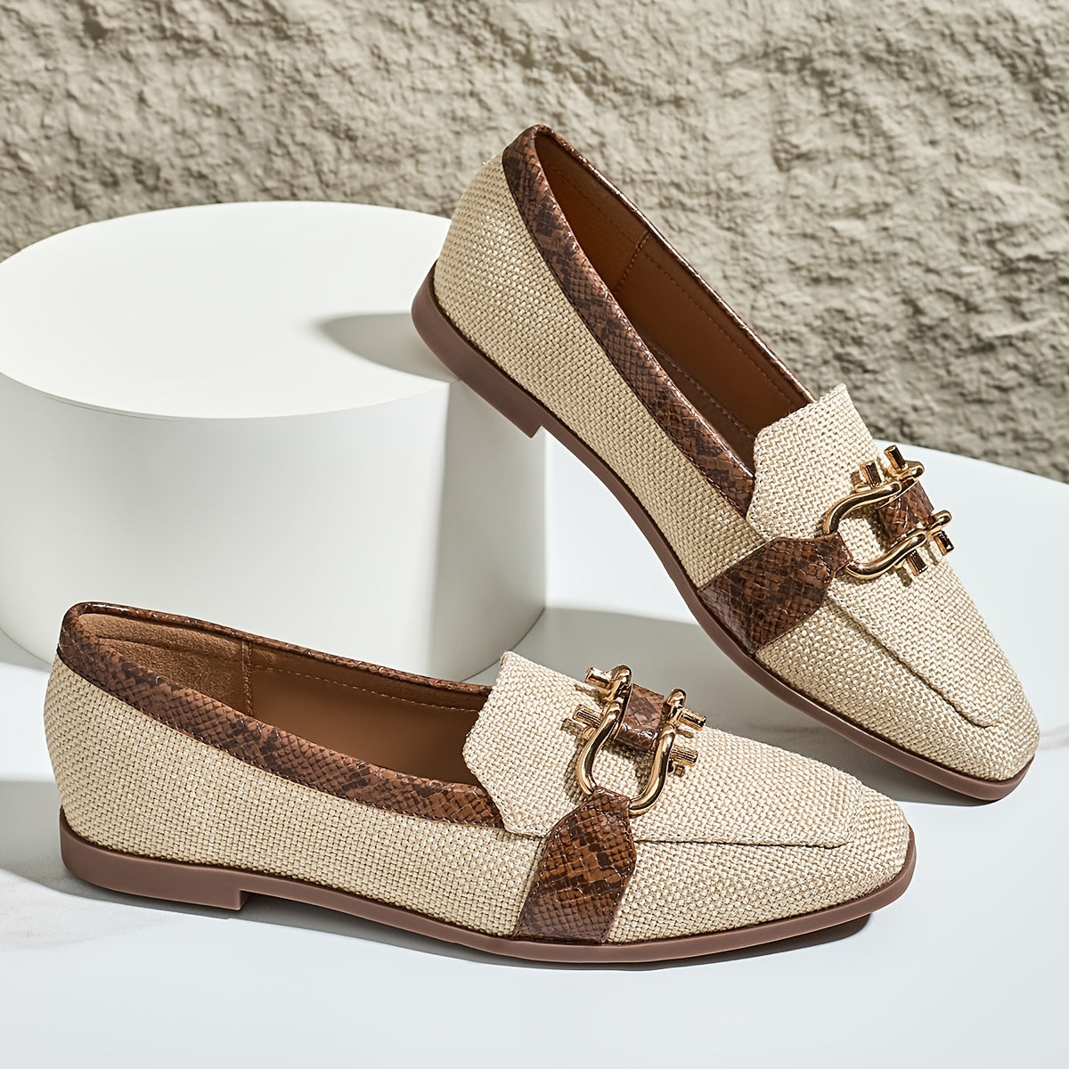 Vintage style women's flax loafers with snake print stud embellishment, square toe, and TPU sole for all-season comfort.