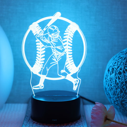 Baseball player 3D LED night light with touch control, 7-color gradient, and USB power. Ideal decor for bedrooms, living rooms, and baseball-themed rooms.