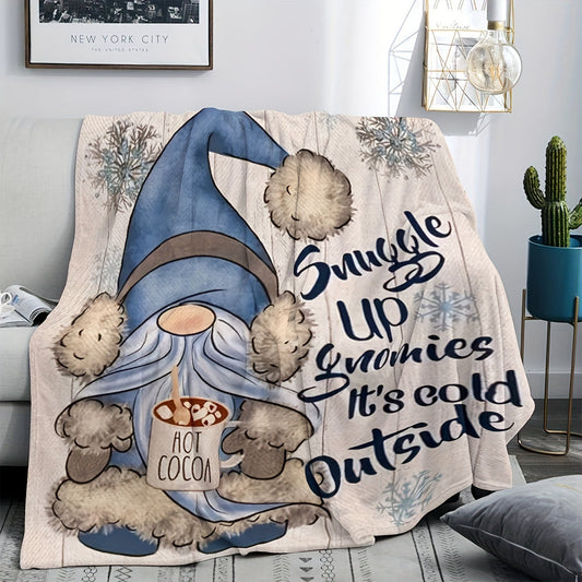 Blue gnome printed blanket, suitable for office, home, or as a shawl or leg cover. This multi-purpose flannel warm blanket would make a great Christmas present.