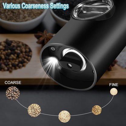 [Top Pick] Set of 2 Rechargeable Electric Pepper and Salt Grinders, Automatic Operation with LED Light, Adjustable Coarseness, USB Charging Base, One-Handed Operation, Black