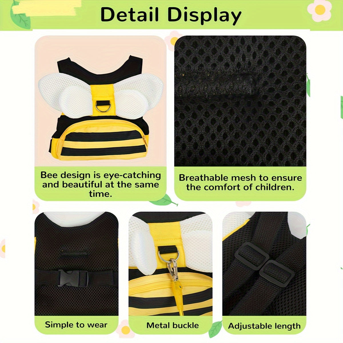 Bee-utiful Safety Harness and Leash Set adorned with adorable bee design - Keep your child safe while on the go! Features a handy storage pocket and makes a great present for any occasion - Christmas, Halloween, Thanksgiving, or Mother's Day