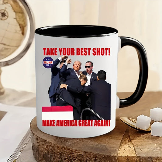 Patriotic Ceramic Coffee Mug for Trump Supporters - 11oz Size with Take Your Best Shot & MAGA Slogan - Political Keepsake for Adults 14+ - Trump 2024 Campaign Memorabilia - Great Gift for Friends & Colleagues