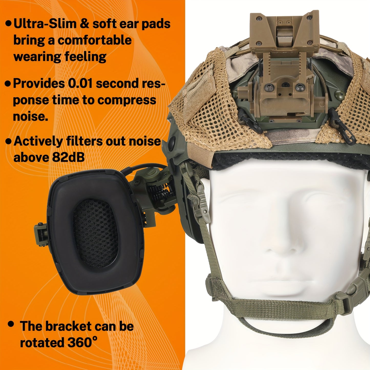 Helmet-mounted tactical shooting earmuffs with electronic sound pickup, active noise reduction, and no battery requirement.