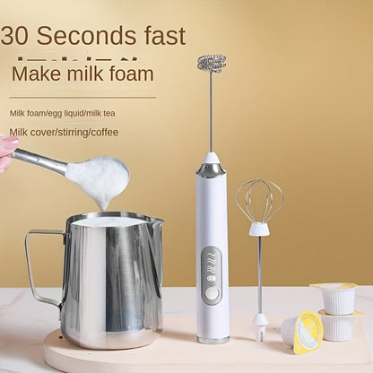 Portable USB rechargeable milk frother and coffee maker with automatic function, whisk attachment, and 1200mAh battery. Comes with measuring spoon and cup. Perfect for use at home or when traveling.