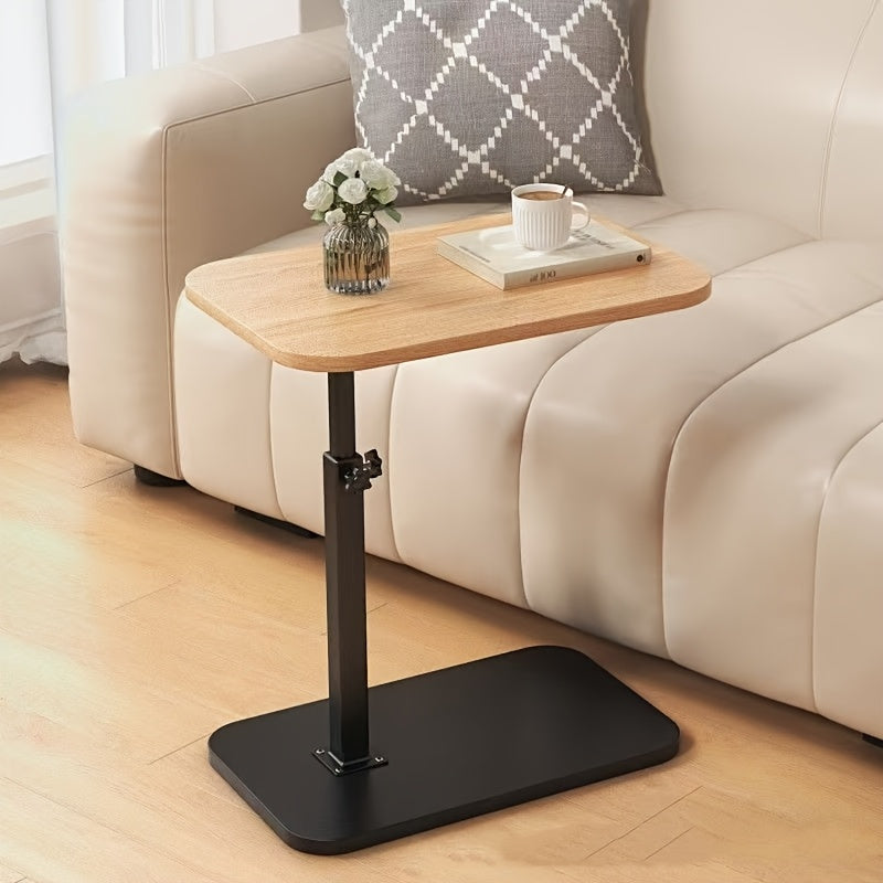 Multi-functional side table with adjustable height, wooden top and iron frame, ideal for various living spaces.