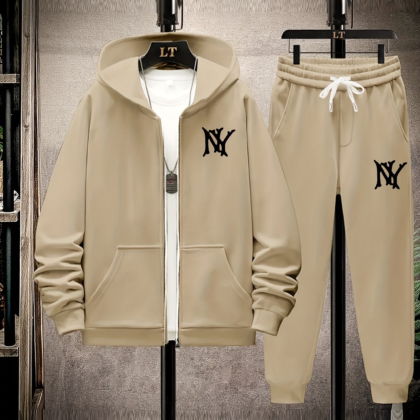 Plus size jacket set with NY letter prints, hooded cardigan, and matching drawstring fleece pants for autumn and winter.