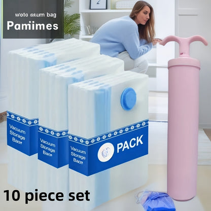 A pack of 11 vacuum-sealed storage bags featuring a pink hand pump, perfect for storing winter items. These versatile plastic bags have a zipper closure and can be used for travel, camping, moving, organizing your home kitchen, and maximizing storage