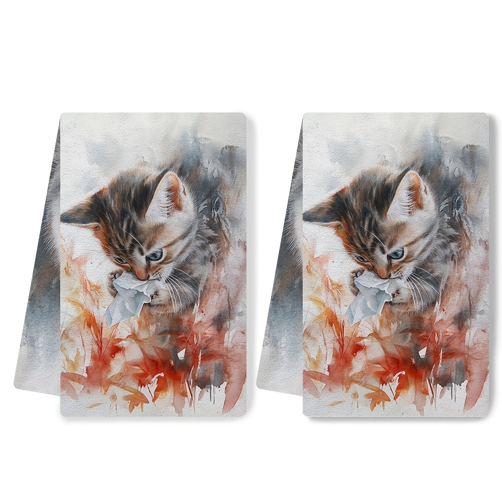 Two ultra soft kitchen towels featuring an adorable kitten with tissue design. These highly absorbent and machine washable dish hand towels are perfect for a contemporary coastal theme in your home decor. Each towel measures 40.64x60.96 cm.