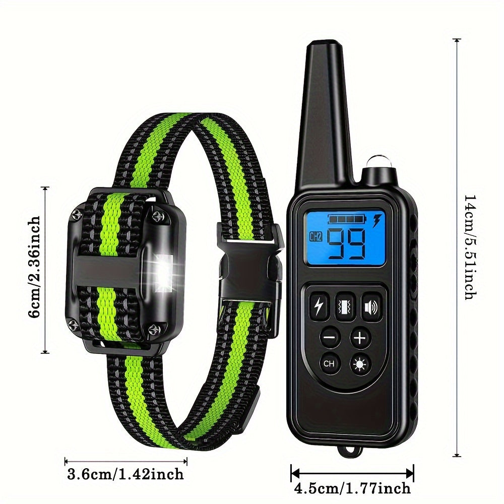 Remote shock collar for dogs with LED light, beep, vibration, shock, and rechargeable battery, suitable for medium to large dogs.