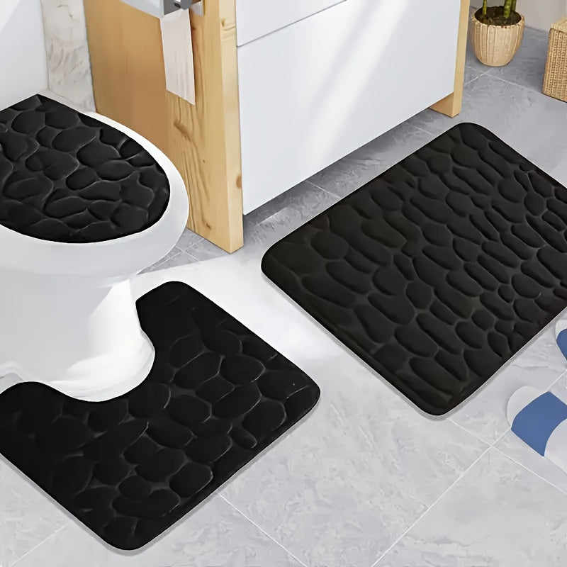 3pcs Plush Coral Fleece Bath Mat Set - Soft, Absorbent & Non-Slip with PVC Backing, Machine Washable, Hexagonal Pebble Design, Low Pile, Modern Bathroom Accessories.