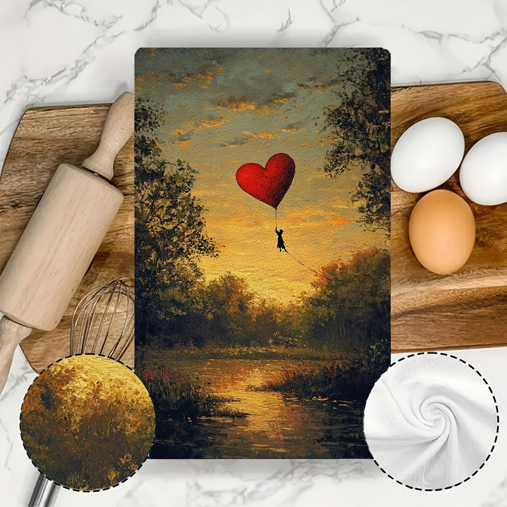 Two pieces of ultra soft kitchen towels with a heart kite flying in a park design. These highly absorbent dish hand towels are perfect for holiday decor. They are machine washable and measure 16x24 inches. - Item code: 2KYSYS1215263