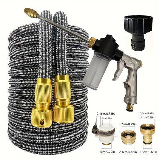 Expandable, high-pressure spray gun hose with adjustable nozzle for efficient car cleaning and garden irrigation. Durable gray and black striped pipe, 15m in length.