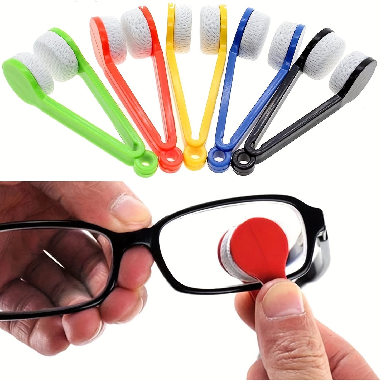 Portable multifunctional glasses cleaning brush with soft microfiber wipe. Includes scratch-free lens cleaning brush with keychain hole. Perfect polishing tool for glasses. Available in 1, 2, or 6 piece sets.