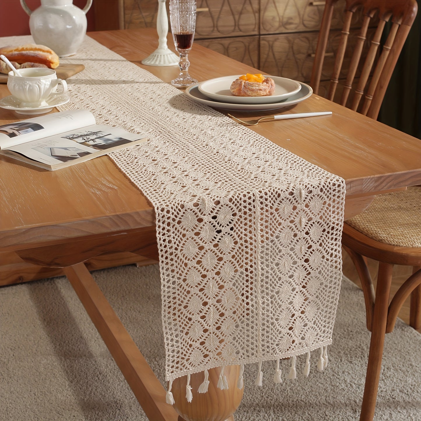 Beige geometric crochet table runner made of pure cotton linen with small rhombus pattern and hollow lace design.