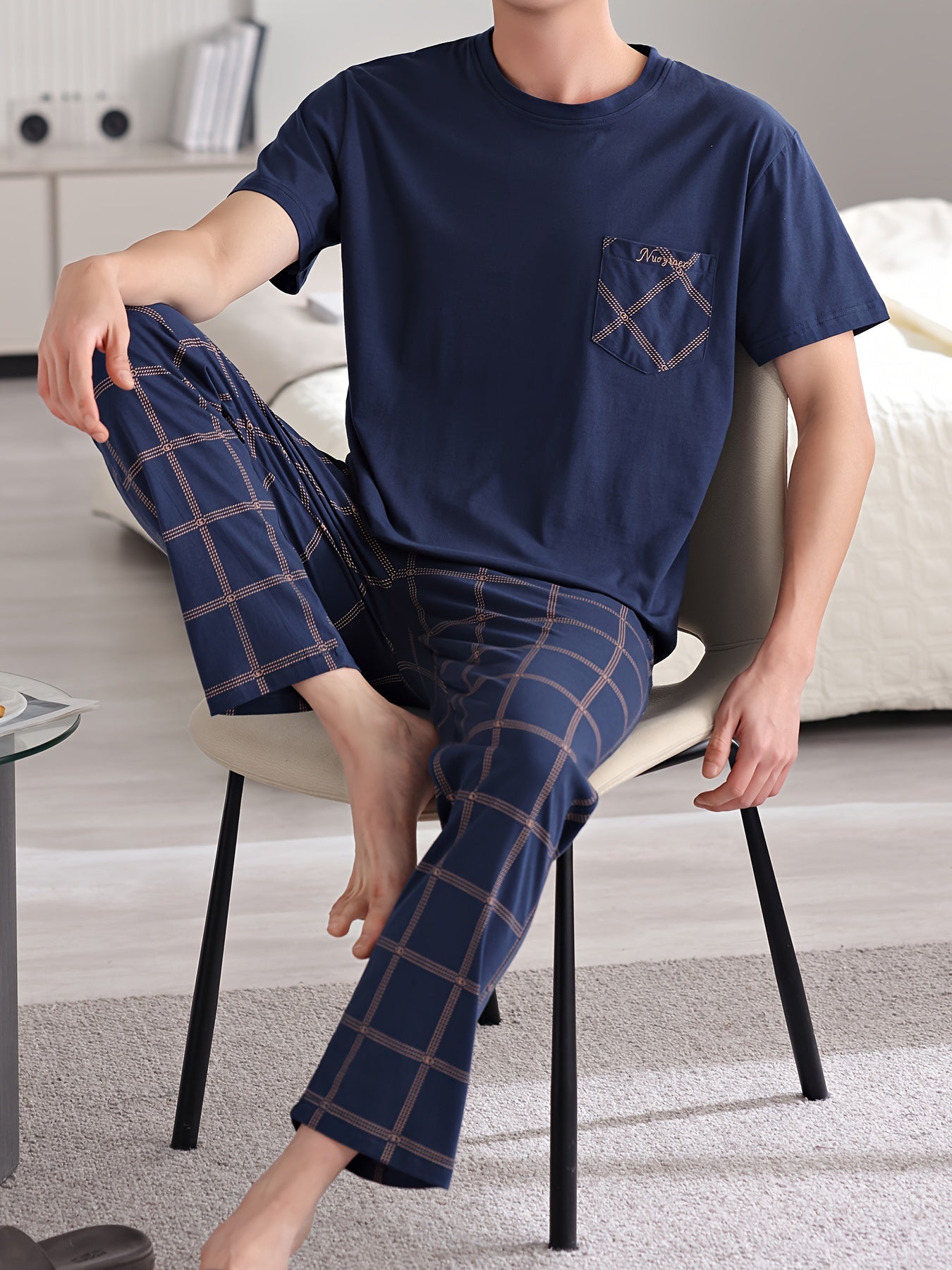 Men's Plus Size 2-Piece Cotton Pajama Set with Short Sleeve Shirt & Plaid Print Trousers, Cozy and Skin-friendly Loungewear