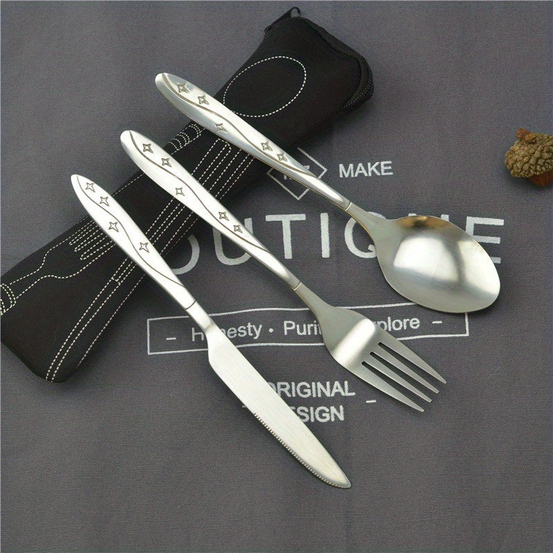 3-piece stainless steel camping cutlery set with portable bag