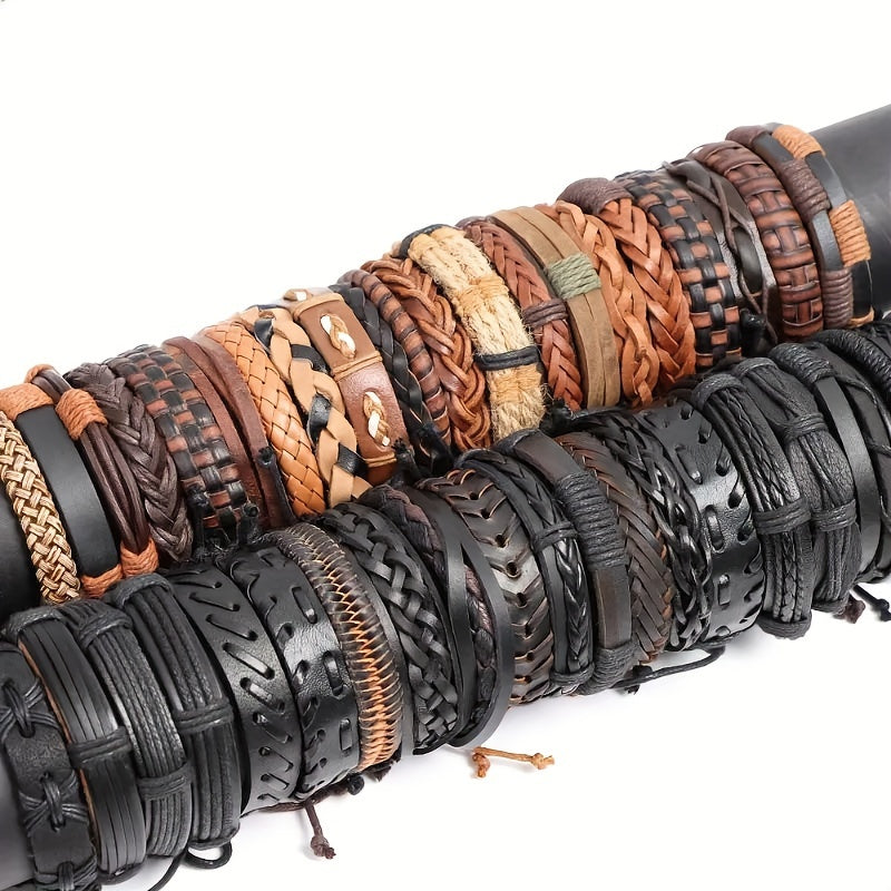 Set of 10, 20, or 30 Faux Leather Bracelets for Men and Women, Perfect for Christmas, Thanksgiving, and New Year Gifts. These Fashionable Retro Black and Brown Alloy Faux Cowhide Woven Bracelets are Adjustable and Stylish.