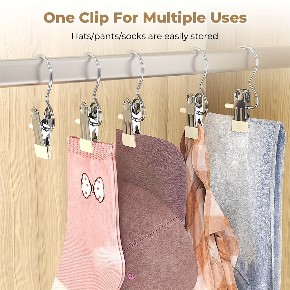 Set of 10 Stainless Steel Clothes Clips, Versatile Hangers for Pants, Boots, and Socks with Hooks, Convenient Wardrobe Organizer, Non-Slip Drying Clips for Home, Kitchen, and Travel