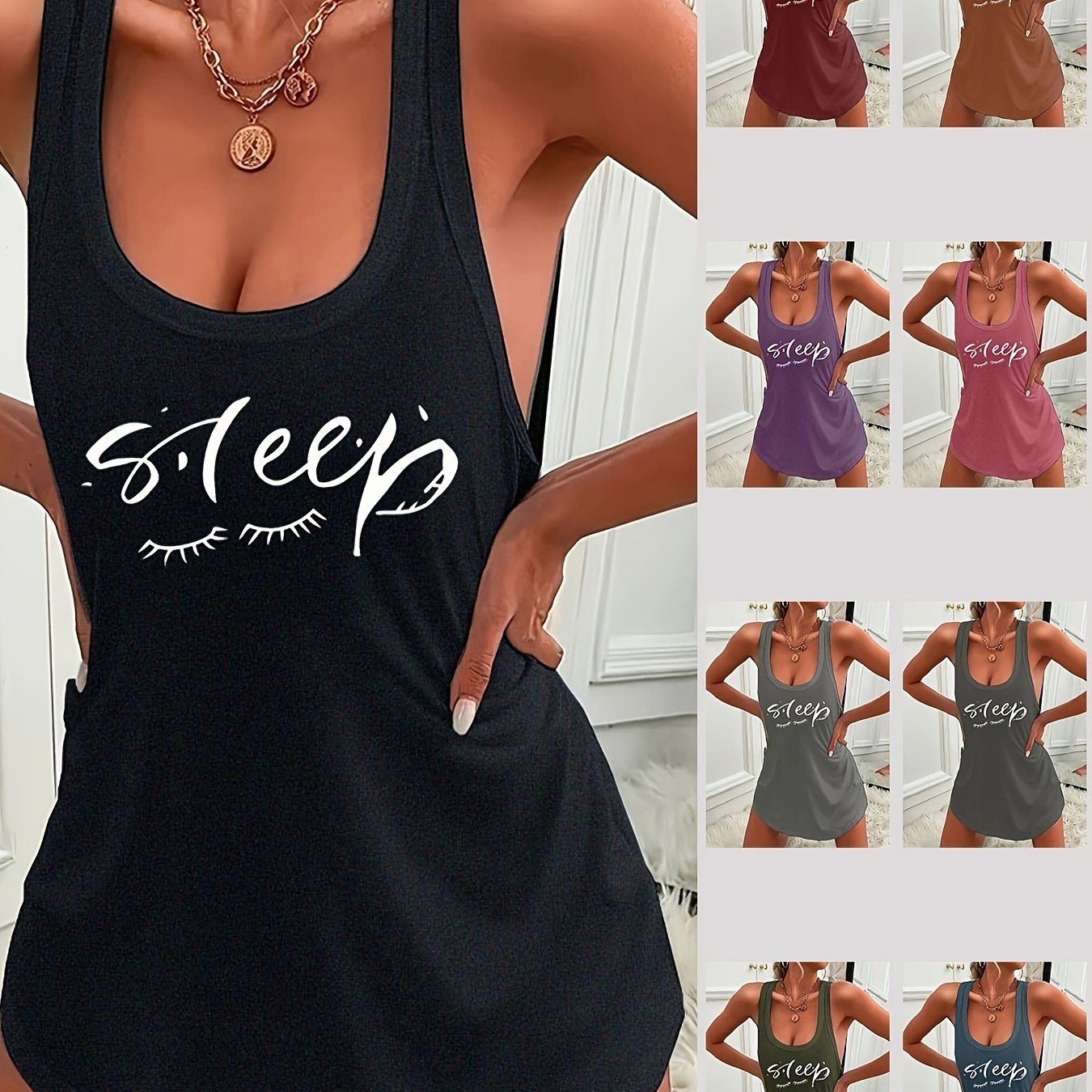 Women's casual sleep tank dress with "Sleep" print, made of lightweight polyester knit fabric for all-season comfort.