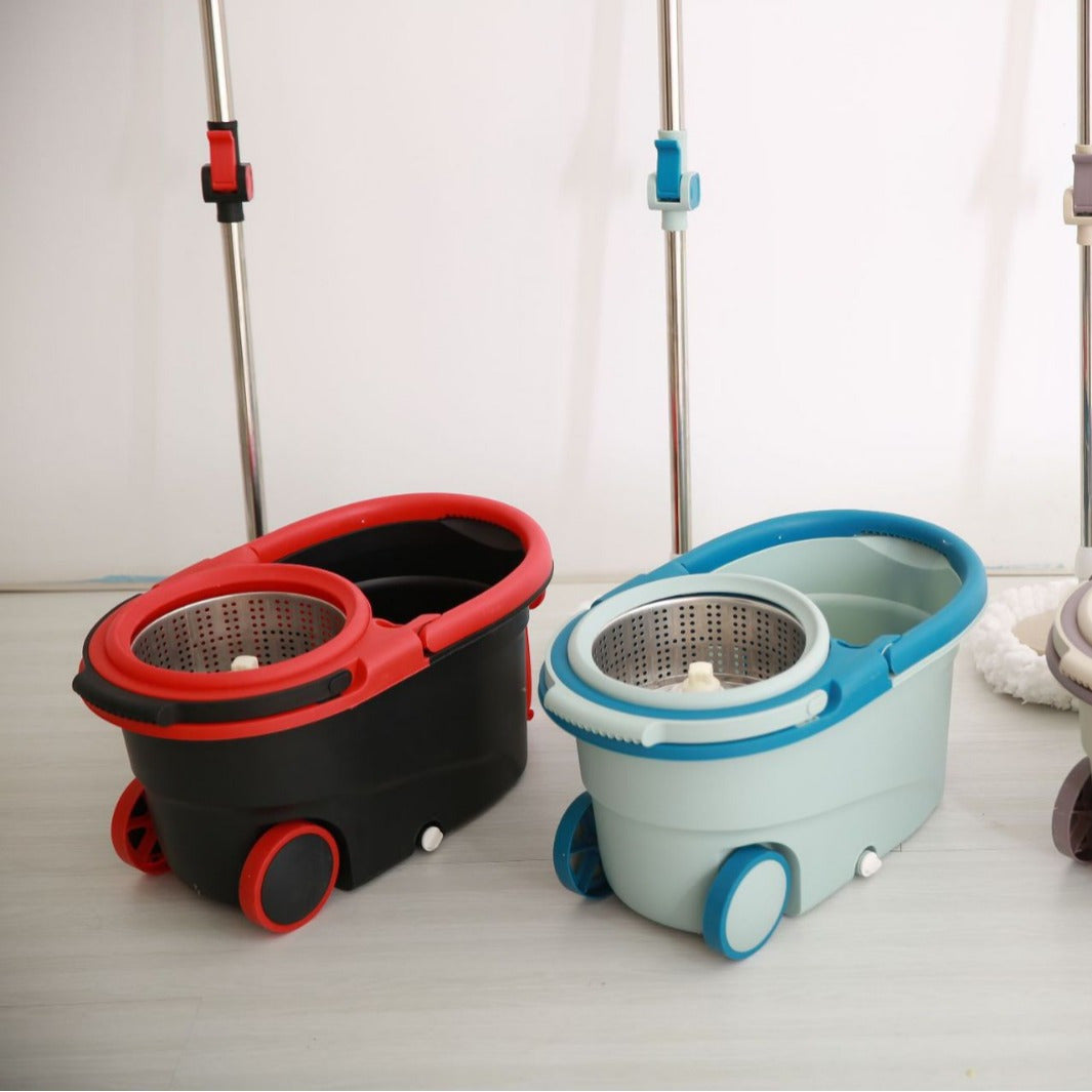 Easy Spin Mop and Bucket Set includes 1 stainless steel-handled mop, dual-drive rotating system, hands-free washing feature, 4 reusable microfiber mop heads. Ideal for cleaning living rooms, bedrooms, bathrooms, toilets, and kitchens.