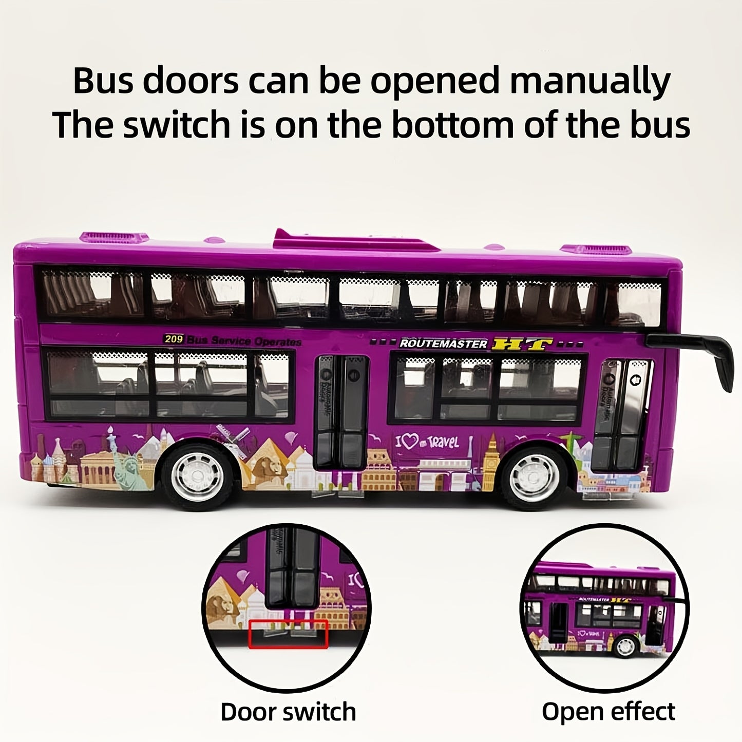 Battery-powered toy Routemaster Double Decker Bus for kids, with realistic sound and flashing lights. Push-operated with non-rechargeable button battery included. Suitable for ages 3-6