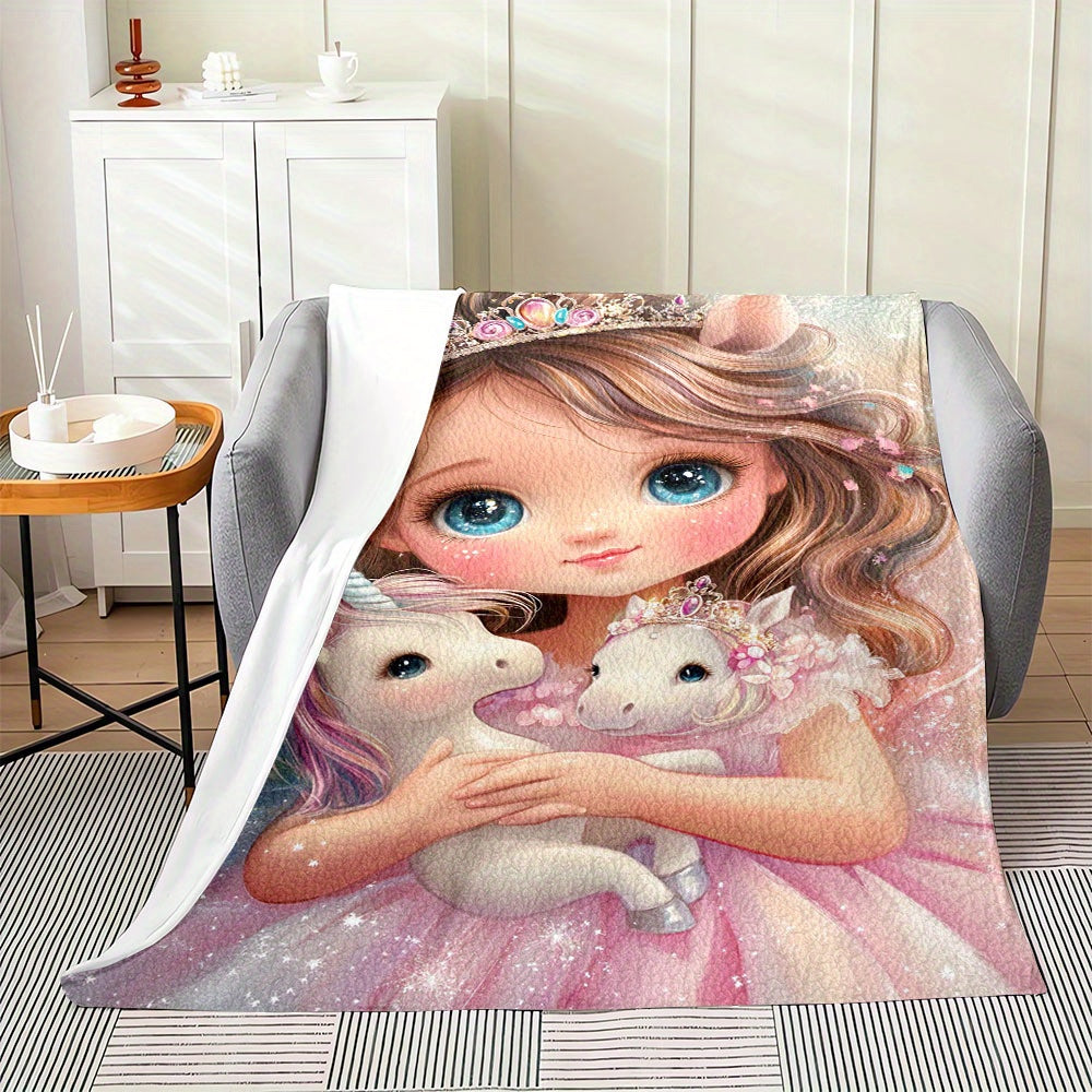 Modern flannel throw blanket featuring an enchanted girl and dreamy unicorns print. Hypoallergenic and suitable for all seasons, this multipurpose bedding is made of digital print polyester. Perfect for use on the bed, sofa, or while camping, it also