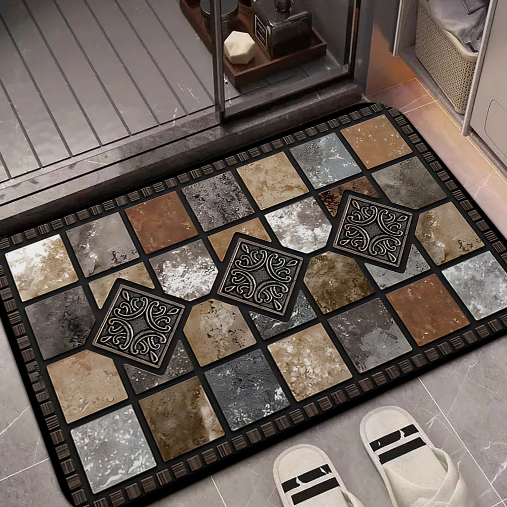 Welcome guests with this durable, non-slip washable polyester fiber doormat featuring a redstone and tile pattern. Perfect for entryways, gardens, and living spaces, this machine washable rug comes in multiple sizes to suit your needs. Add a farmhouse