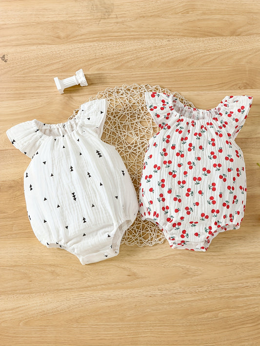 2 summer cotton rompers for baby girls with cute prints, perfect for outdoor wear.