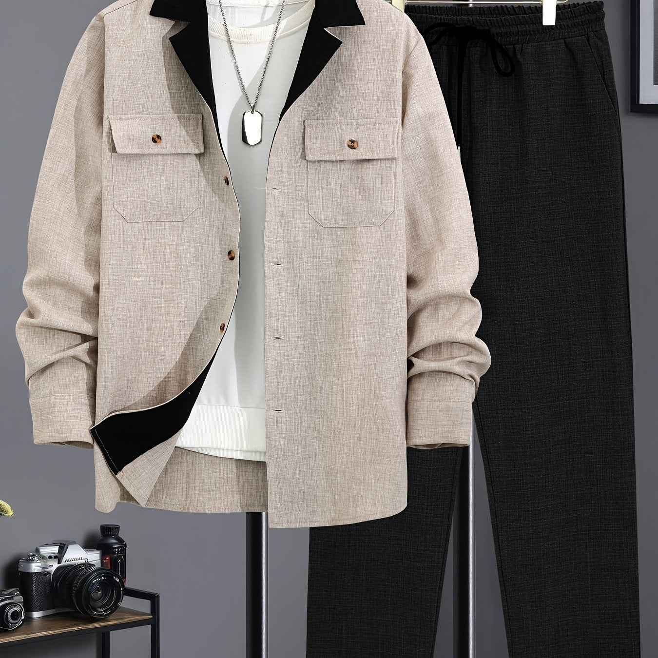 Men's Autumn/Winter Long Sleeve Button Shirt and Casual Pants Set